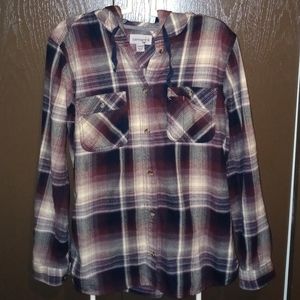 Carhartt Plaid Hooded Shirt - Size Medium (6-8) - Colors: Burgundy, Brown, White